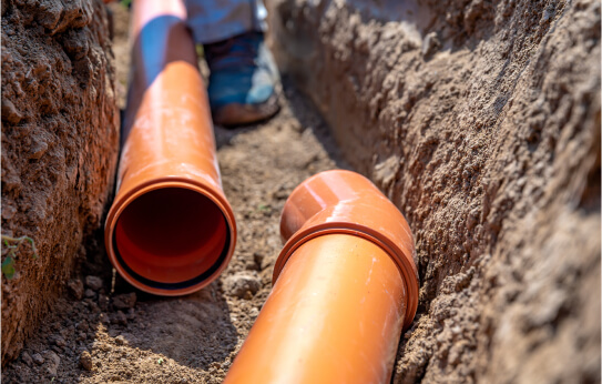 2 disconnected parts of an orange pipe in a dirt trench.